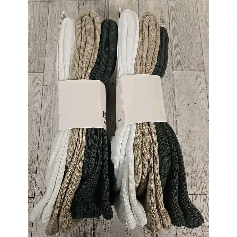 Crew Socks LARGE Unisex Arch Support 3pk Cushioned Green Tan White Lot of 2
